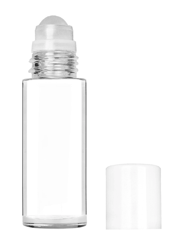 Cylinder style 50 ml bottle with plastic roller ball plug and white cap.
