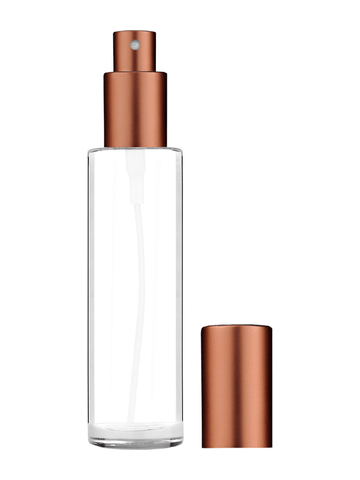 Cylinder design 50 ml, 1.7oz  clear glass bottle  with matte copper spray pump.