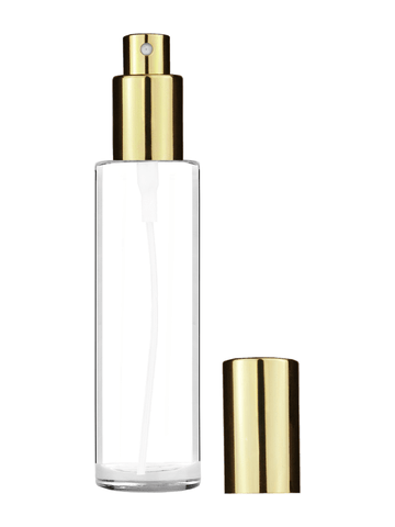 Cylinder design 50 ml, 1.7oz  clear glass bottle  with shiny gold spray pump.
