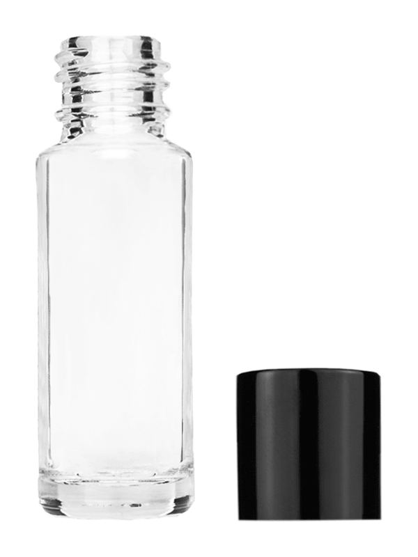 Empty Clear glass bottle with short shiny black cap capacity: 5.5ml, 1/6oz. For use with perfume or fragrance oil, essential oils, aromatic oils and aromatherapy.