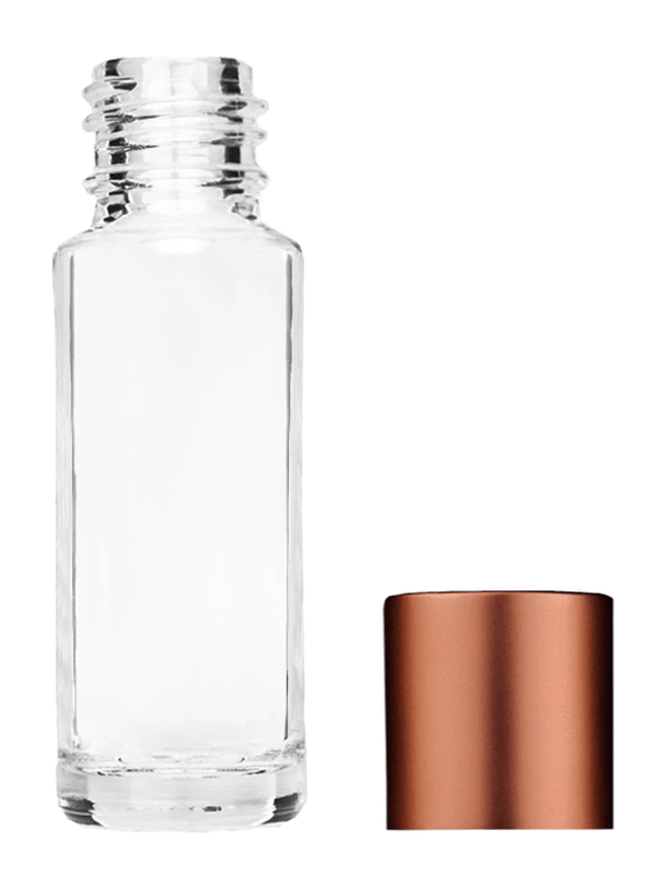 Empty Clear glass bottle with short matte copper cap capacity: 5.5ml, 1/6oz. For use with perfume or fragrance oil, essential oils, aromatic oils and aromatherapy.