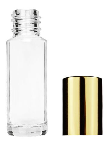 Cylinder design 5ml, 1/6oz Clear glass bottle with shiny gold cap.