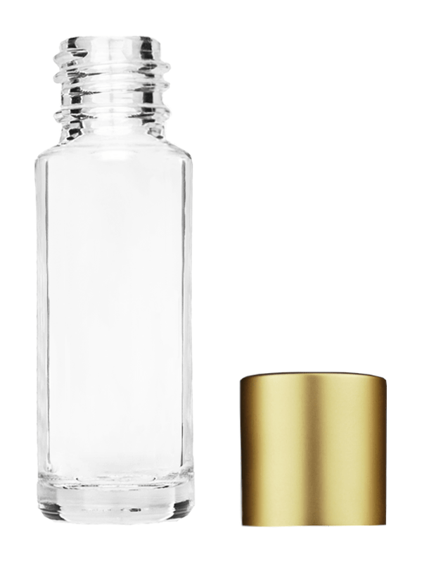 Empty Clear glass bottle with short matte gold cap capacity: 5.5ml, 1/6oz. For use with perfume or fragrance oil, essential oils, aromatic oils and aromatherapy.