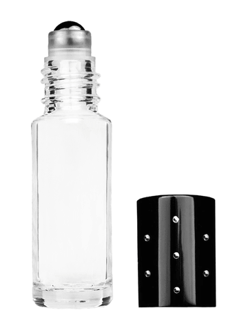Cylinder design 5ml, 1/6oz Clear glass bottle with metal roller ball plug and black shiny cap with dots.