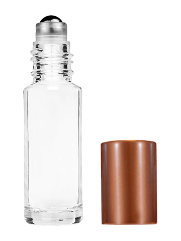 Cylinder design 5.5ml, 1/6oz Clear glass bottle with metal roller ball plug and matte copper cap.