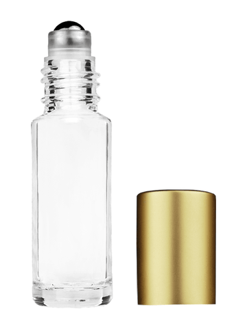 Cylinder design 5.5ml, 1/6oz Clear glass bottle with metal roller ball plug and matte gold cap.