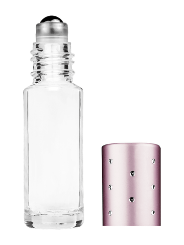 Cylinder design 5.5ml, 1/6oz Clear glass bottle with metal roller ball plug and pink cap with dots.