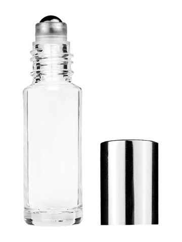 Cylinder design 5ml, 1/6oz Clear glass bottle with metal roller ball plug and shiny silver cap.