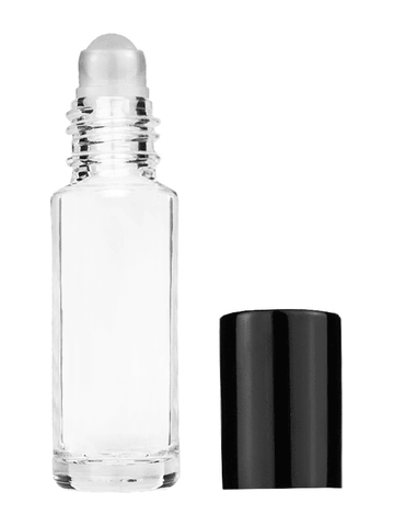 Cylinder design 5ml, 1/6oz Clear glass bottle with plastic roller ball plug and black shiny cap.