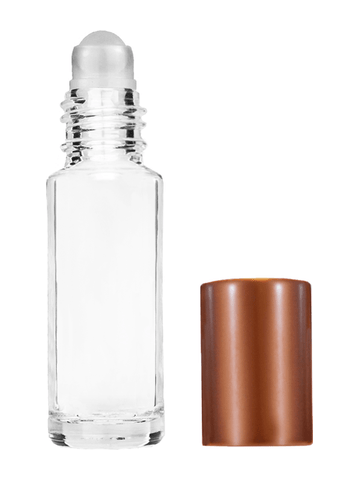 Cylinder design 5ml, 1/6oz Clear glass bottle with plastic roller ball plug and matte copper cap.