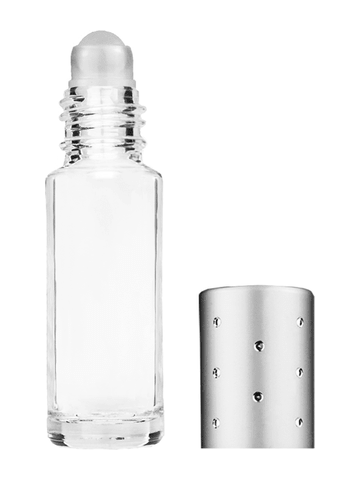 Cylinder design 5.5ml, 1/6oz Clear glass bottle with plastic roller ball plug and silver cap with dots.
