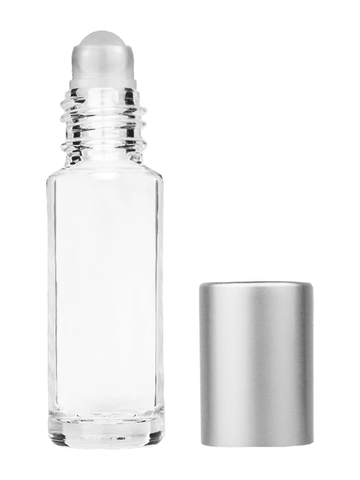 Cylinder design 5.5ml, 1/6oz Clear glass bottle with plastic roller ball plug and matte silver cap.