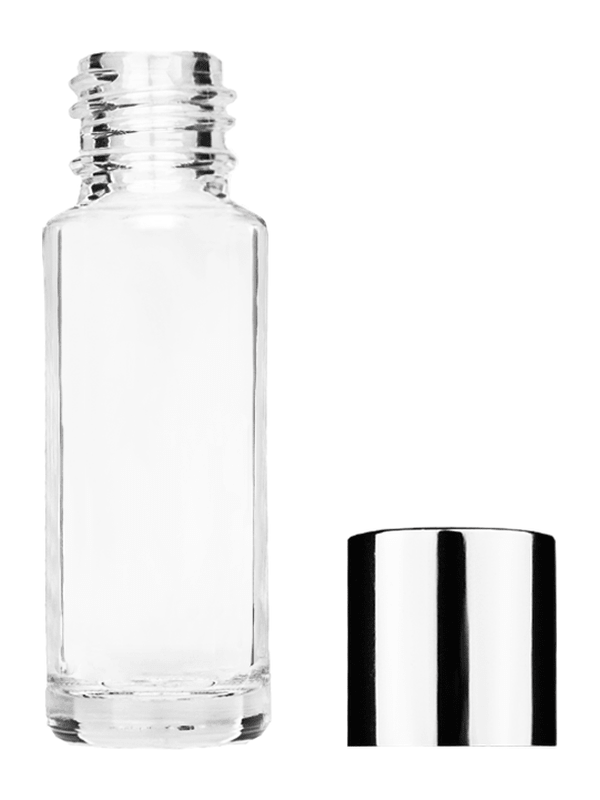 Empty Clear glass bottle with short shiny silver cap capacity: 5.5ml, 1/6oz. For use with perfume or fragrance oil, essential oils, aromatic oils and aromatherapy.