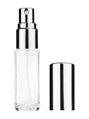 Cylinder design 5ml, 1/6oz Clear glass bottle with shiny silver spray.