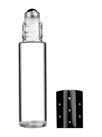 Cylinder design 9ml,1/3 oz clear glass bottle with metal roller ball plug and black dot cap.