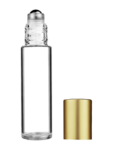 Cylinder design 9ml,1/3 oz clear glass bottle with metal roller ball plug and matte gold cap.