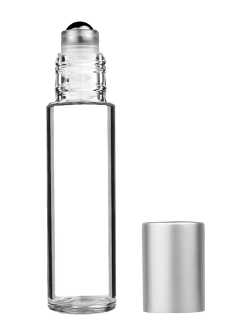 Cylinder design 9ml,1/3 oz clear glass bottle with metal roller ball plug and matte silver cap.