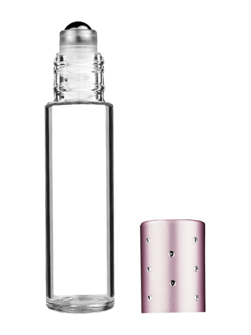 Cylinder design 9ml,1/3 oz clear glass bottle with metal roller ball plug and pink dot cap.