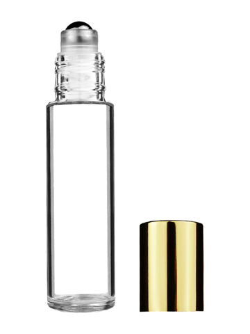 Cylinder design 9ml,1/3 oz clear glass bottle with metal roller ball plug and shiny gold cap.