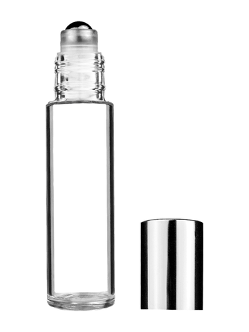 Cylinder design 9ml,1/3 oz clear glass bottle with metal roller ball plug and shiny silver cap.