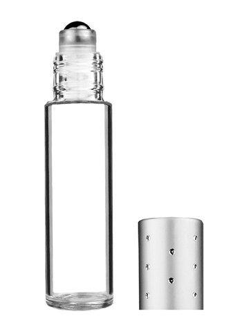 Cylinder design 9ml,1/3 oz clear glass bottle with metal roller ball plug and silver dot cap.