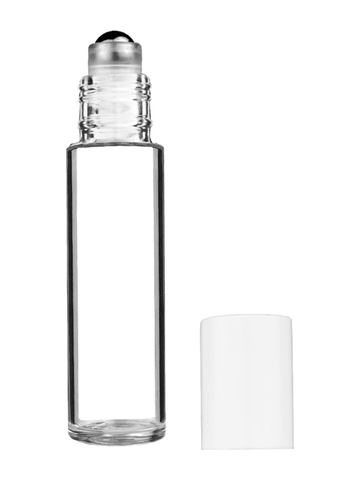 Cylinder design 9ml,1/3 oz clear glass bottle with metal roller ball plug and white cap.