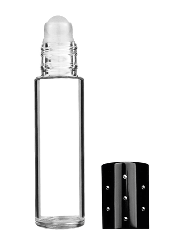 Cylinder design 9ml,1/3 oz clear glass bottle with plastic roller ball plug and black dot cap.