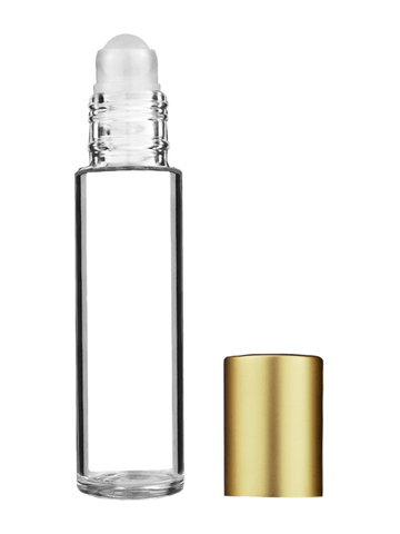 Cylinder design 9ml,1/3 oz clear glass bottle with plastic roller ball plug and matte gold cap.
