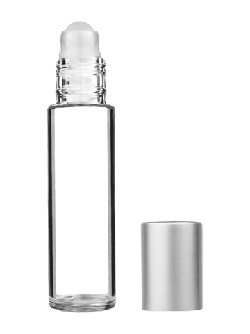 Cylinder design 9ml,1/3 oz clear glass bottle with plastic roller ball plug and matte silver cap.