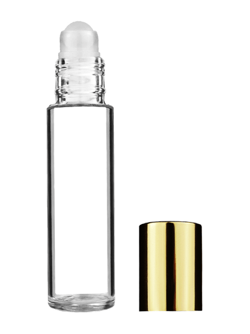 Cylinder design 9ml,1/3 oz clear glass bottle with plastic roller ball plug and shiny gold cap.