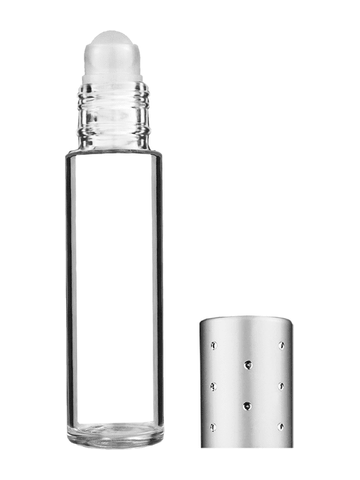 Cylinder design 9ml,1/3 oz clear glass bottle with plastic roller ball plug and silver dot cap.