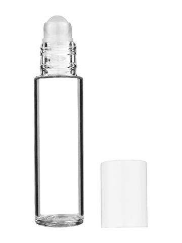 Cylinder design 9ml,1/3 oz clear glass bottle with plastic roller ball plug and white cap.
