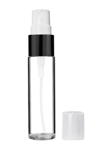 Cylinder design 9ml,1/3 oz clear glass bottle with fine mist sprayer with black trim and plastic overcap.