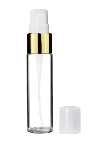 Cylinder design 9ml,1/3 oz clear glass bottle with fine mist sprayer with gold trim and plastic overcap.