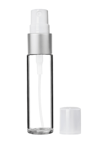 Cylinder design 9ml,1/3 oz clear glass bottle with fine mist sprayer with matte silver trim and plastic overcap.