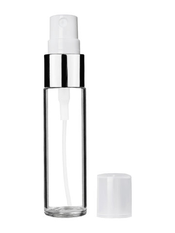 Cylinder design 9ml,1/3 oz clear glass bottle with fine mist sprayer with shiny silver trim and plastic overcap.