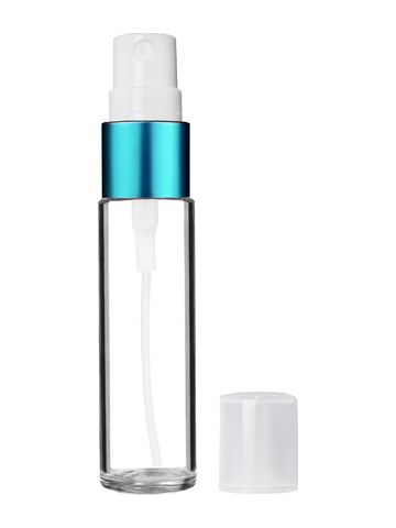 Cylinder design 9ml,1/3 oz clear glass bottle with fine mist sprayer with turquoise trim and plastic overcap.