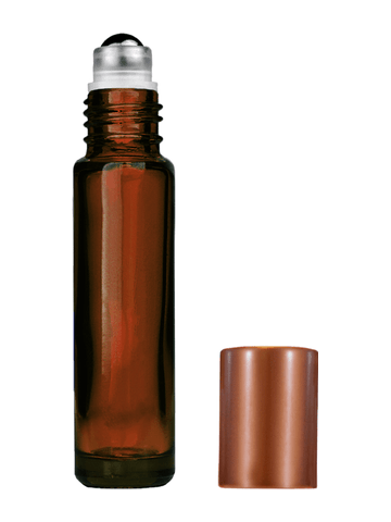 Cylinder design 9ml,1/3 oz amber glass bottle with metal roller ball plug and matte copper cap.