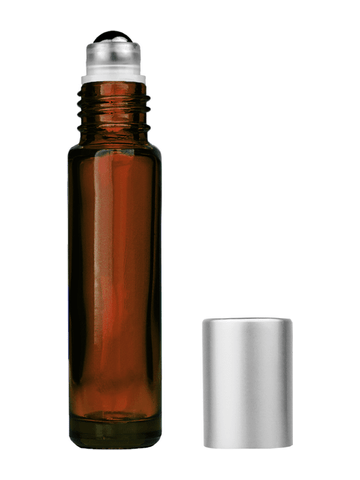 Cylinder design 9ml,1/3 oz amber glass bottle with metal roller ball plug and matte silver cap.