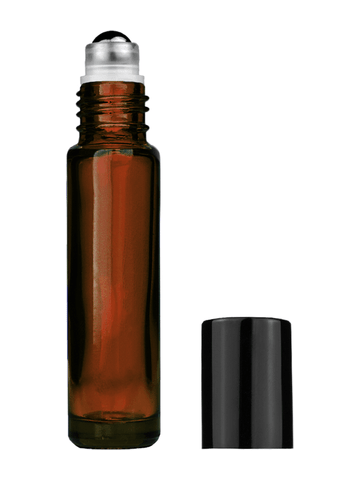 Cylinder design 9ml,1/3 oz amber glass bottle with metal roller ball plug and shiny black cap.