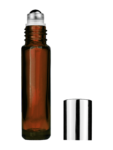 Cylinder design 9ml,1/3 oz amber glass bottle with metal roller ball plug and shiny silver cap.