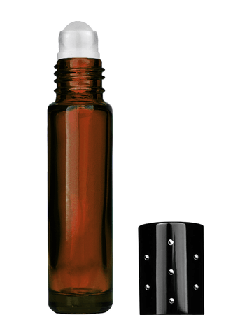 Cylinder design 9ml,1/3 oz amber glass bottle with plastic roller ball plug and black dot cap.