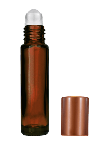 Cylinder design 9ml,1/3 oz amber glass bottle with plastic roller ball plug and matte copper cap.