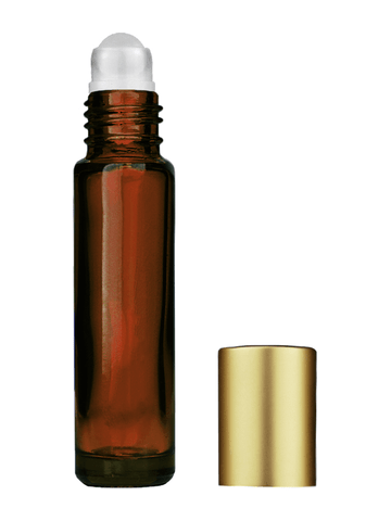 Cylinder design 9ml,1/3 oz amber glass bottle with plastic roller ball plug and matte gold cap.