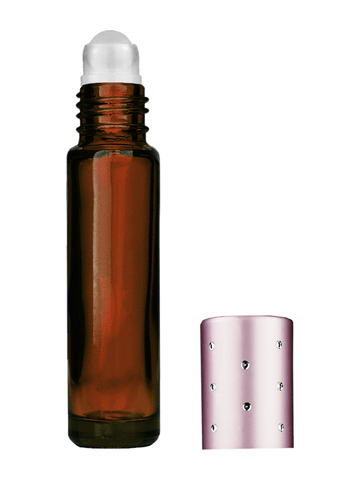 Cylinder design 9ml,1/3 oz amber glass bottle with plastic roller ball plug and pink dot cap.