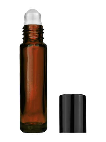 Cylinder design 9ml,1/3 oz amber glass bottle with plastic roller ball plug and shiny black cap.
