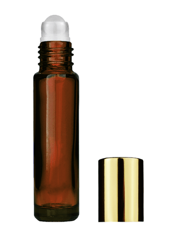 Cylinder design 9ml,1/3 oz amber glass bottle with plastic roller ball plug and shiny gold cap.