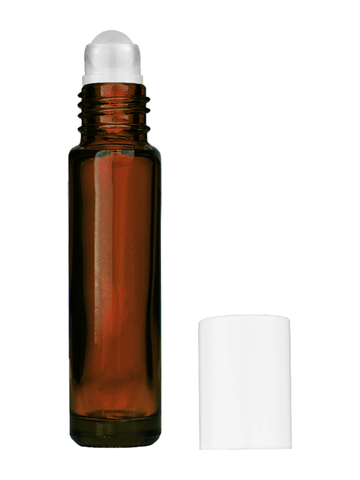 Cylinder design 9ml,1/3 oz amber glass bottle with plastic roller ball plug and white cap.