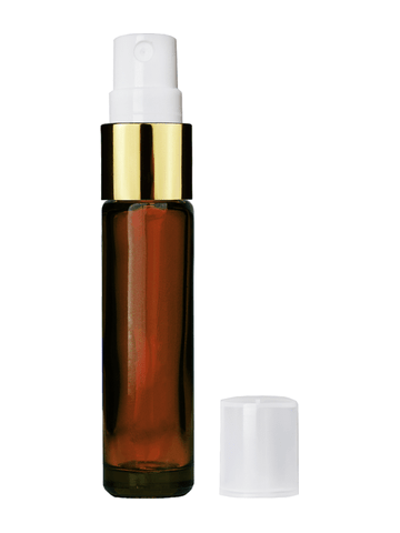 Cylinder design 9ml,1/3 oz amber glass bottle with fine mist sprayer with gold trim and plastic overcap.