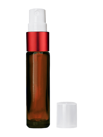 Cylinder design 9ml,1/3 oz amber glass bottle with fine mist sprayer with red trim and plastic overcap.